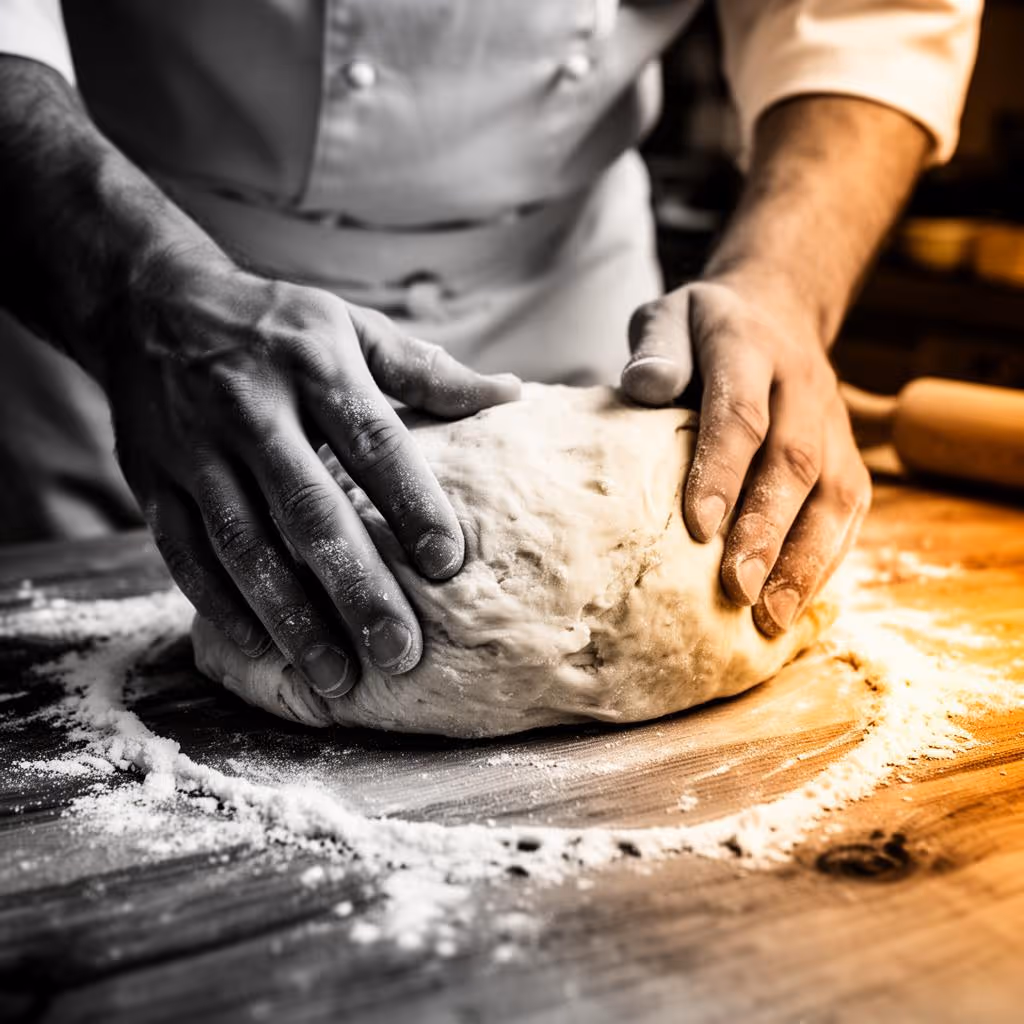 Italiensk kokk elter fersk pastadeig på Pasta Sentral